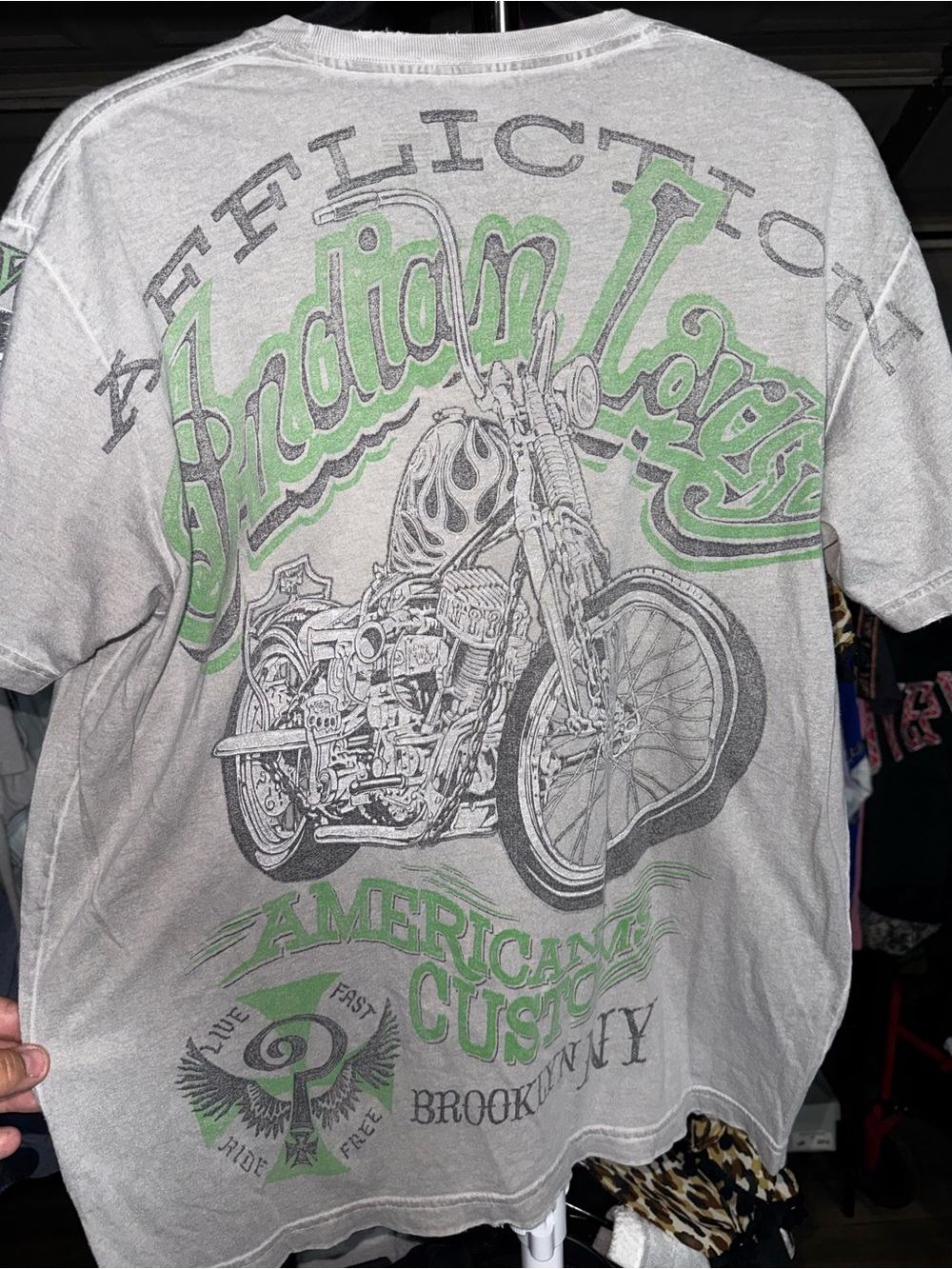 Affliction Gray Tee with Green Motorcycle Graphic